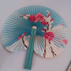 Chinese Cherry Blossoms Hand Fan Painted Circular Paper Folding Floral 10" Asian